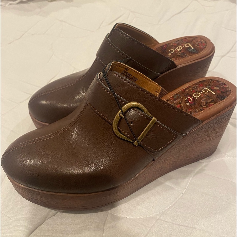 b.o.c. Brown Leather Wedge Clogs with Buckle